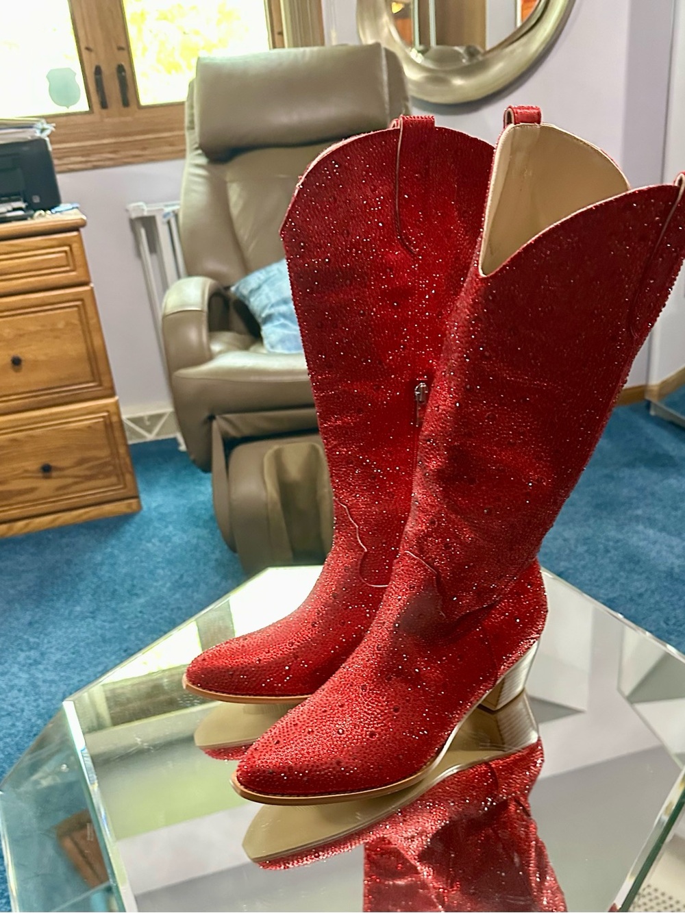 Women's Red Embellished Mid-Calf Heeled Boots. Rhinestone